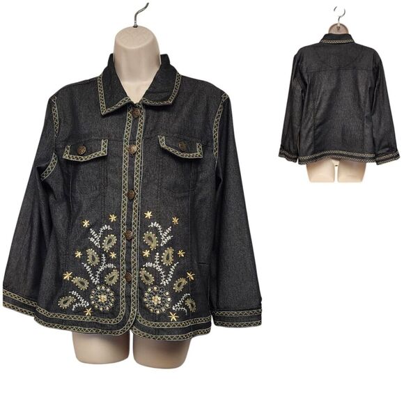 Analogy Embrodery Long Sleeve Denim Jacket Women Size XL Multicolor Black - Picture 1 of 7